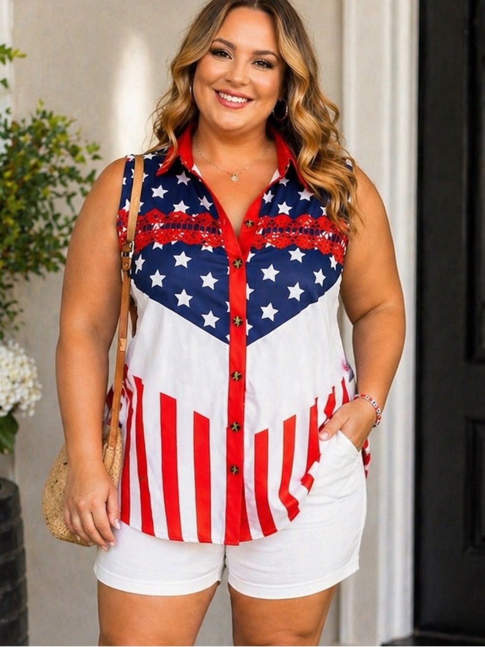 Sleeveless American Flag Button-Up Top - Red, White & Blue 1XL